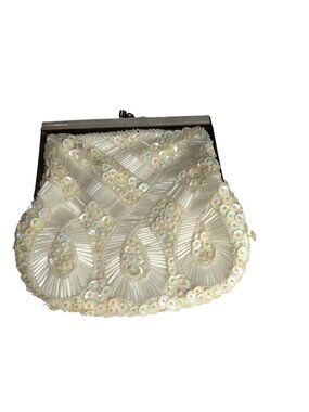 Vintage Beaded Sequin Evening Purse Hand Made In Hong Kong Ivory Iridescent 6”
